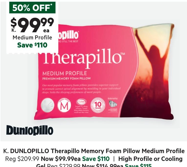 Dunlopillo Therapillo Memory Foam Medium Profile Pillow White Standard