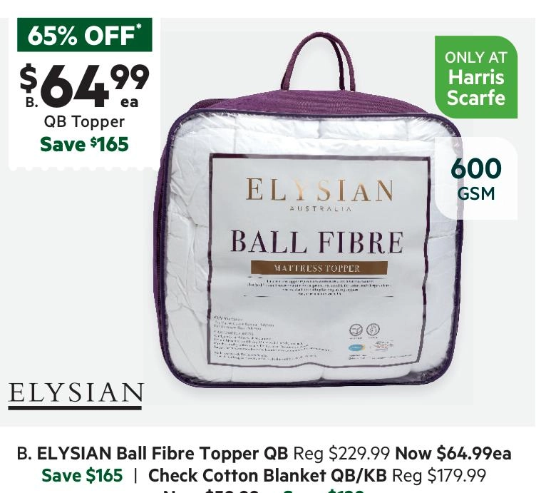 Elysian Ball Fibre 600 GSM Mattress Topper White