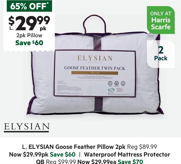 Elysian Goose Feather Pillow 2 Pack White Standard