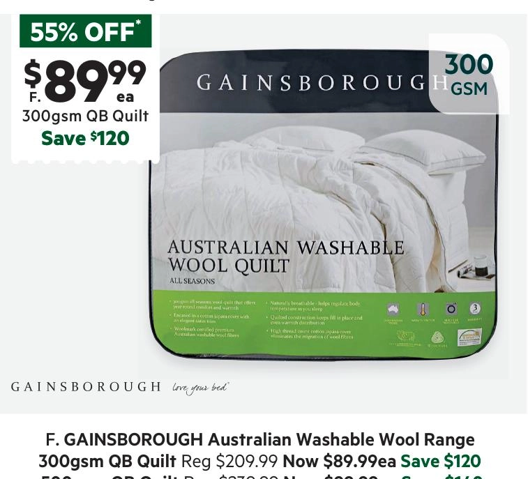 Gainsborough 300 GSM All Seasons Australian Washable Wool Quilt White