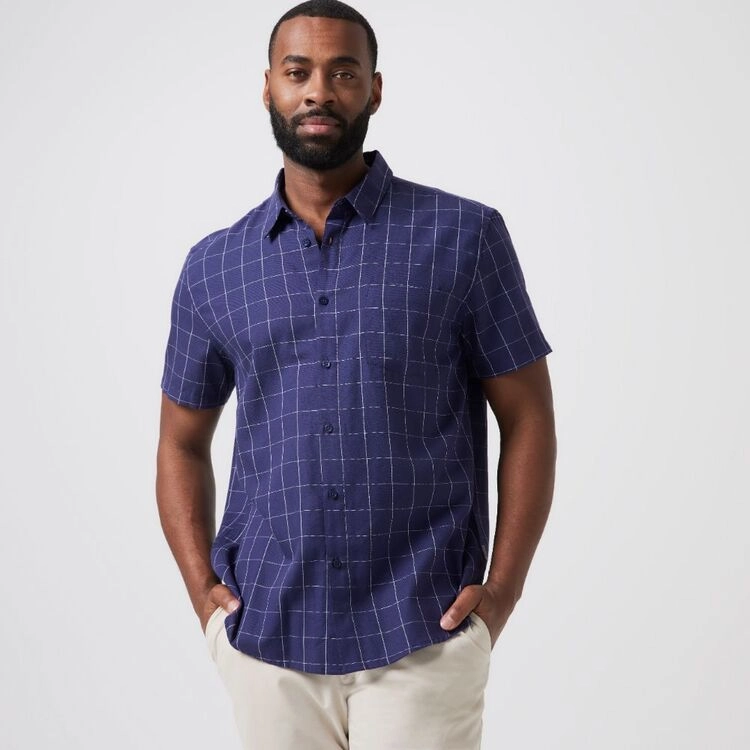 JC Lanyon Men's Curban Check Short Sleeve Shirt Navy & White