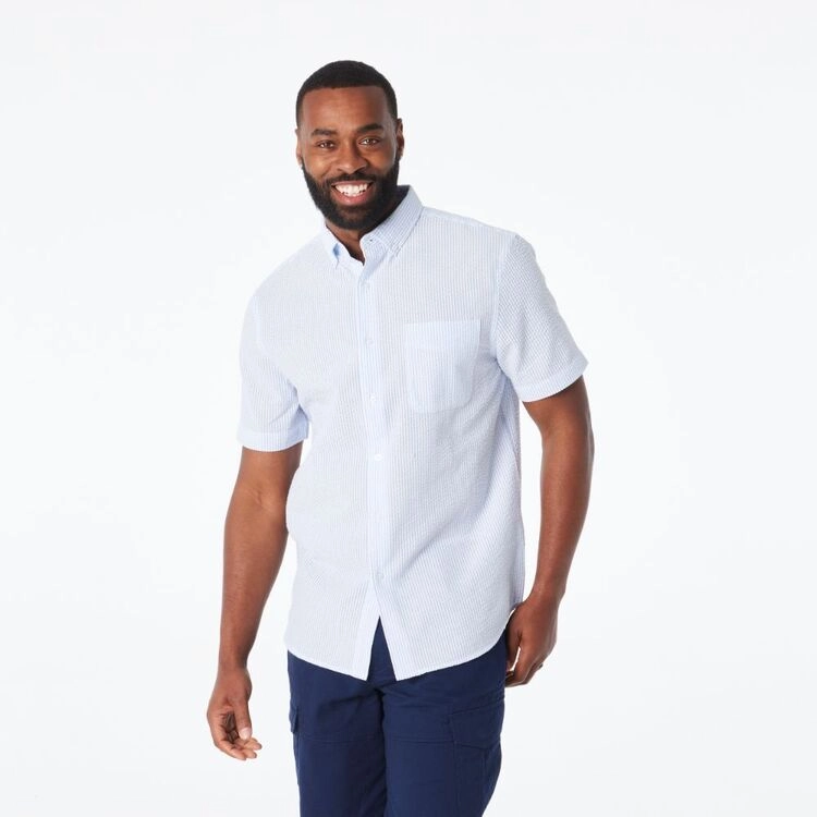 JC Lanyon Men's Stripe Seer Sucker Short Sleeve Shirt Blue & Stripe