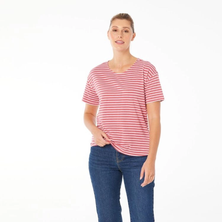 Khoko Collection Women's Cotton Slub Split Back Stripe Tee Rust Stripe