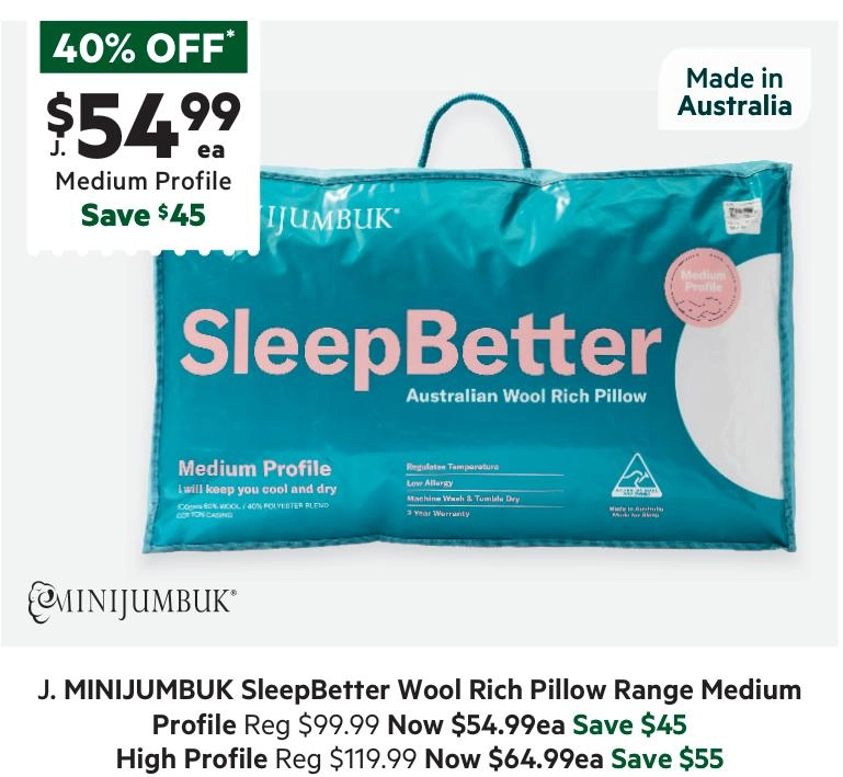 MiniJumbuk Sleep Better Australian Wool Medium Profile Pillow White Standard