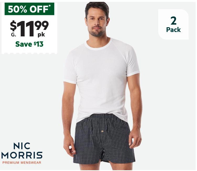 Nic Morris Men's Woven Cotton Boxers 2 Pack Black & Grey