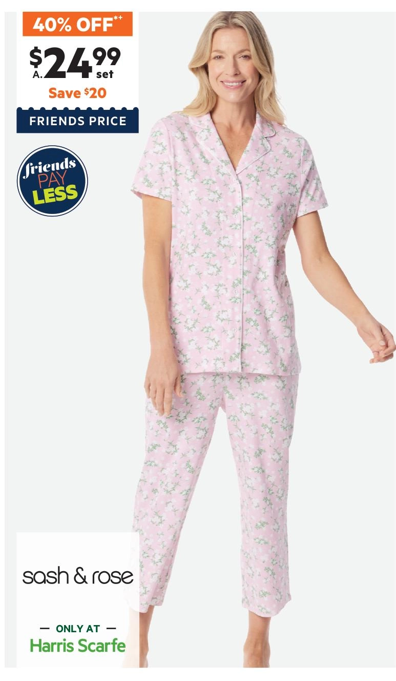 Sash & Rose Women's Cotton Interlock Floral Pyjama Set Pink Floral