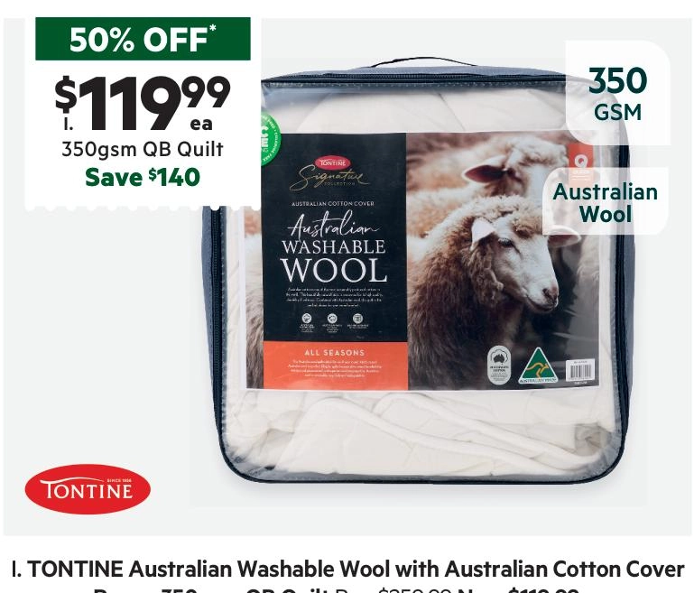 Tontine 350 GSM Washable Australian Wool with Cotton Cover White