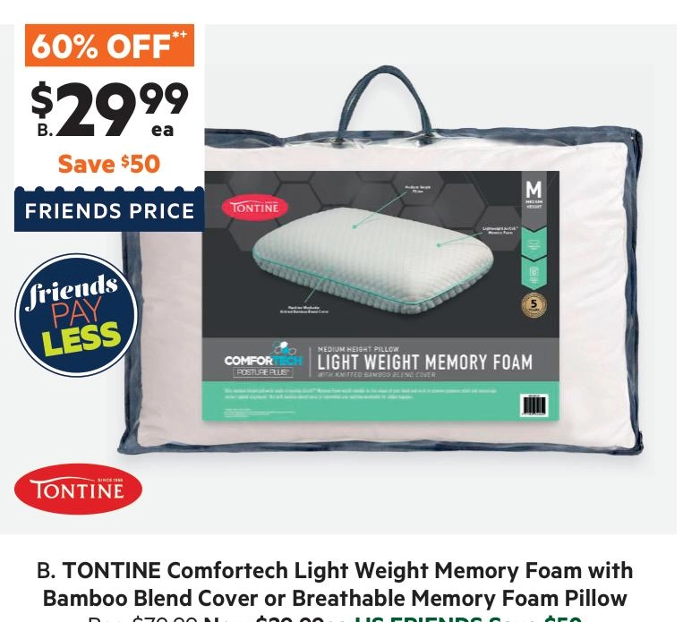 Tontine Comfortech Light Weight Memory Foam Pillow With Bamboo Blend Cover