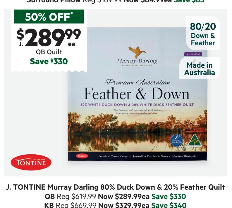 Tontine Murray Darling 80/20 Australian White Duck Down & Feather Quilt