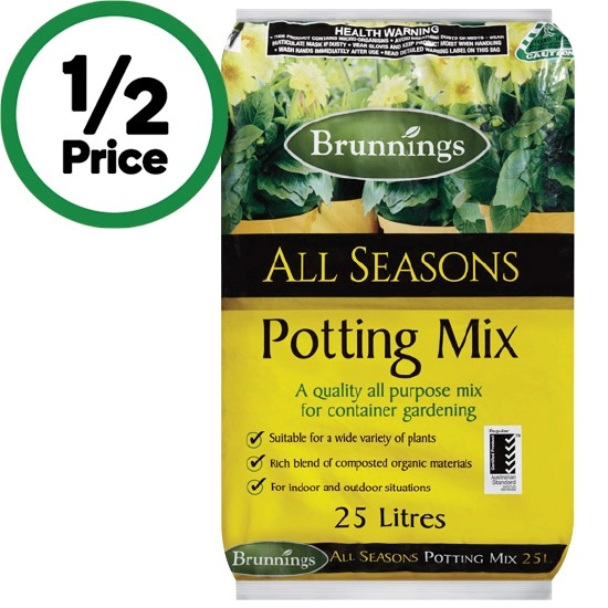 Brunnings All Seasons Potting Mix or Pine Bark 25 Litres