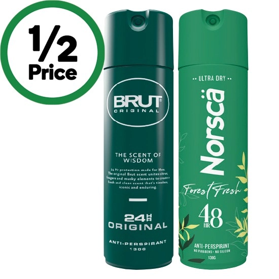 Brut 24hr Antiperspirant or Norsca Antiperspirant Deodorant 130g