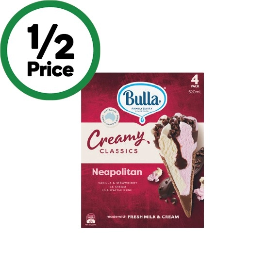 Bulla Creamy Classics Ice Cream Cones or Sandwiches 520-560ml Pk 4