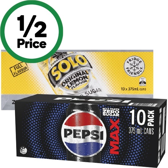 Pepsi, Solo, Mountain Dew or Schweppes Lemonade Soft Drink Varieties 10 x 375ml