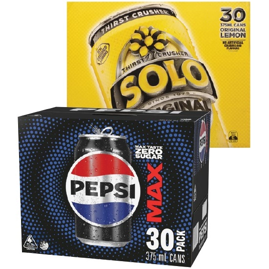 Pepsi, Solo, Sunkist or Schweppes Lemonade Soft Drink Can Varieties 30 x 375ml