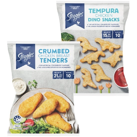 Steggles Chicken Salted Fingers, Crumb Tenders, Dino Snacks, Habanero Wings or Tempura Nuggets 1 kg – From the Freezer