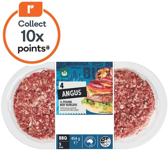 Woolworths Australian Angus 1/4 Pound Beef Burgers 454g Pk 4