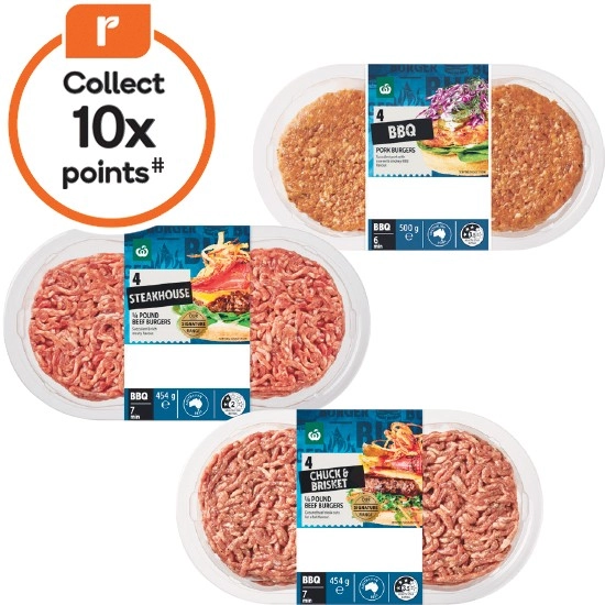 Woolworths Australian Chuck & Brisket Burger, Steakhouse 1/4 Pound Beef Burger or Pork Burger Varieties 454-500g Pk 4