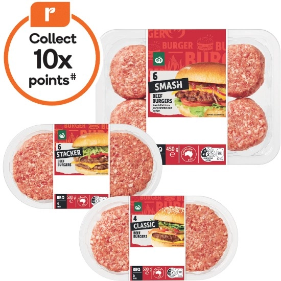 Woolworths Australian Classic, Smash or Stacker Beef Burger Varieties 400-500g