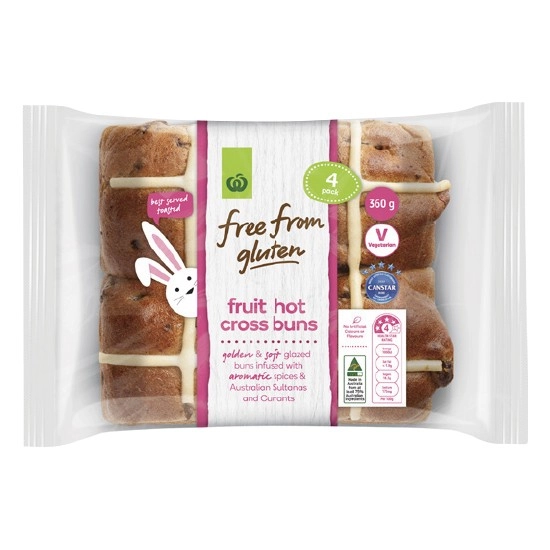 Woolworths Free From Gluten Fruit Hot Cross Buns Pk 4