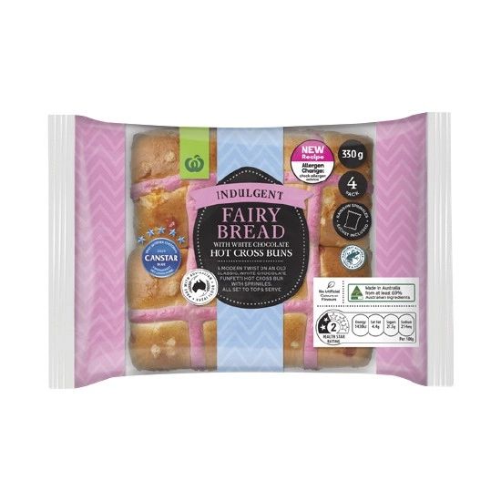 Woolworths Indulgent Fairy Bread Hot Cross Buns Pk 4