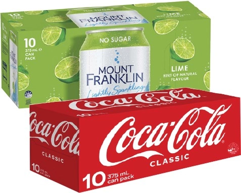 Coca-Cola, Fanta or Sprite Soft Drink or Mt Franklin Lightly Sparkling Water Cans 10x375mL