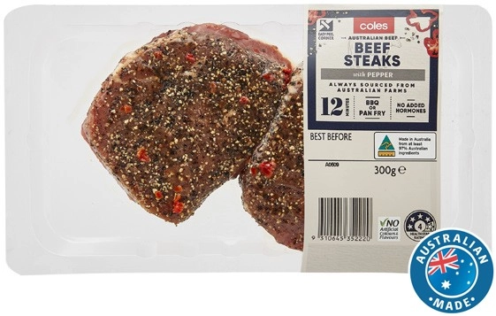 Coles Australian No Added Hormones Beef Peppered Steak 300g