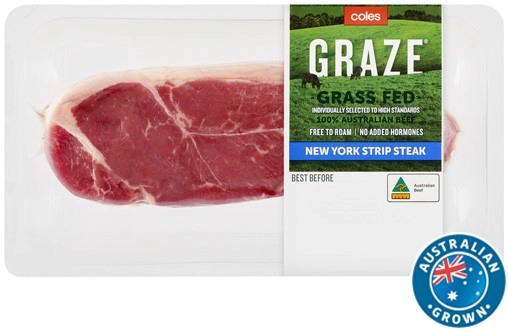 Coles Australian No Added Hormones GRAZE Grass Fed Beef New York Strip Steak 380g