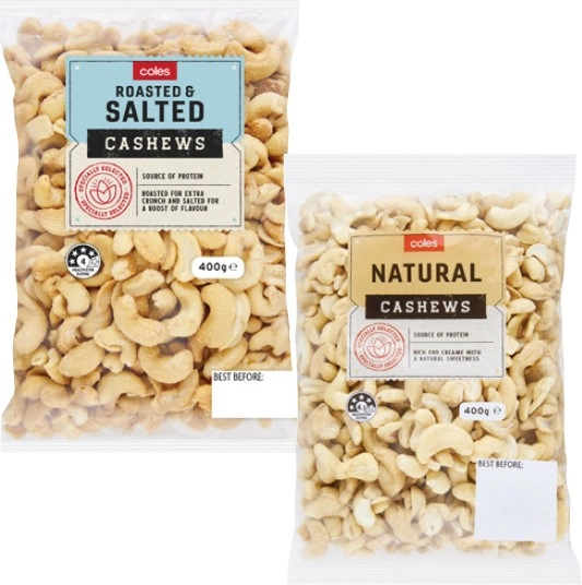 Coles Dry Roasted, Natural or Roasted & Salted Cashews 400g Pack