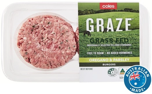 Coles GRAZE Grass Fed Beef Burgers Oregano & Parsley 500g