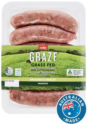 Coles GRAZE Grass Fed Beef Sausages Oregano & Parsley 500g