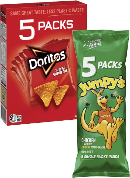 Doritos Corn Chips or Jumpys Snacks 5 Pack 90g-95g