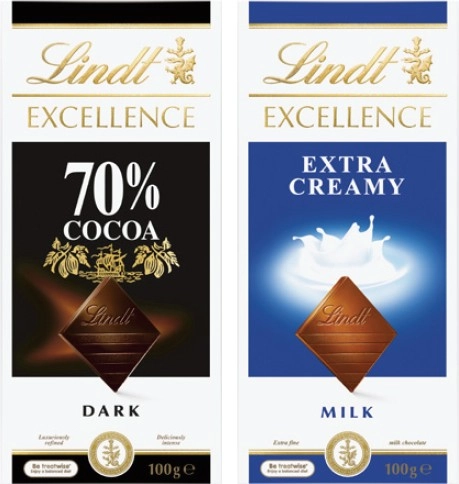 Lindt Excellence or Lindor Block Chocolate 80g-100g