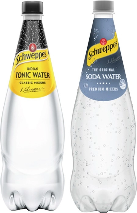 Schweppes Mixers, Soft Drinks or Mineral Water 1.1 Litre