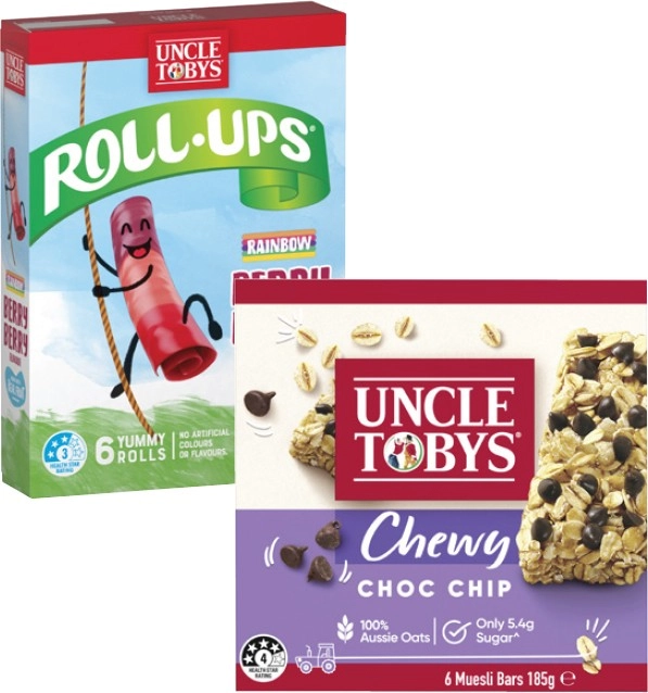 Uncle Tobys Muesli Bars 185g or Roll Ups 94g