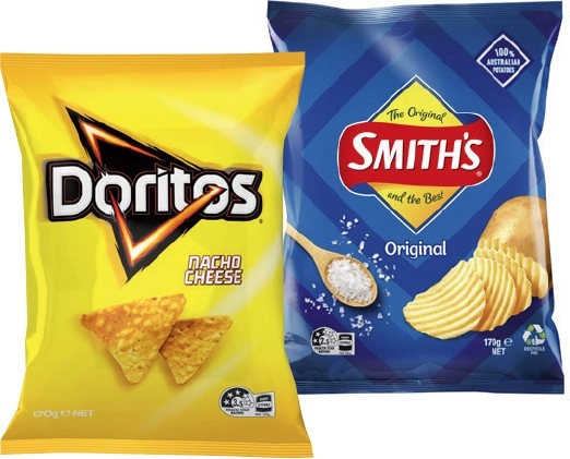 Doritos, Smith’s Crinkle Cut Chips 150-170g or Double Crunch Chips 150g Selected Varieties