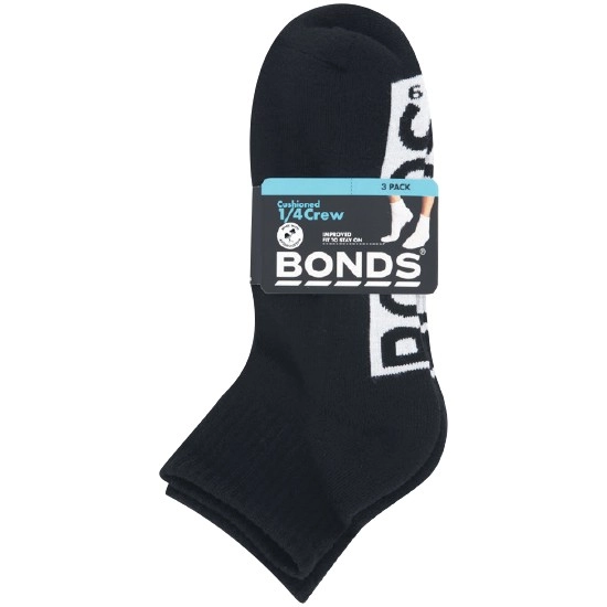 Bonds Ladies’ or Men’s Cushioned 1/4 Crew Socks Pk 3