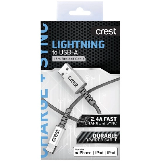 Crest Lightning to USB-A Braided Cable 1.5m – Assorted