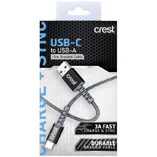 Crest USB-C to USB-A Braided Cable 1.5m – Assorted