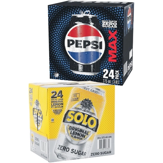 Pepsi Max, Mountain Dew, Solo Zero Sugar or Sunkist Zero Sugar Soft Drink Varieties 24 x 375ml