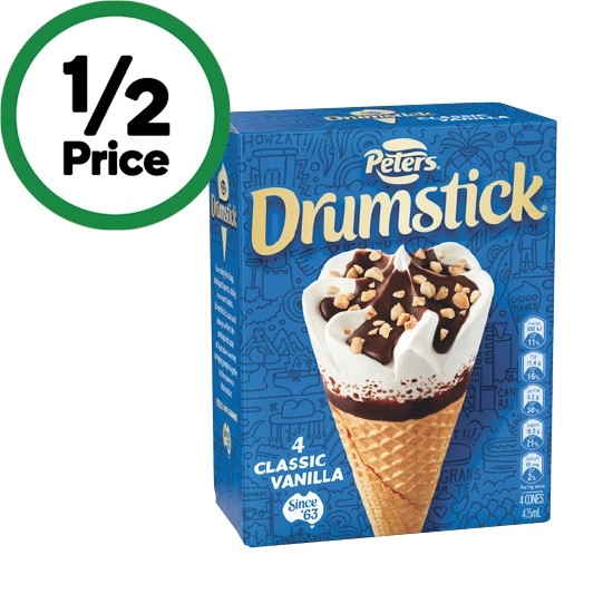 Peters Drumstick Ice Cream 475-490ml Pk 4-6 – Excludes Plant Based – From the Freezer