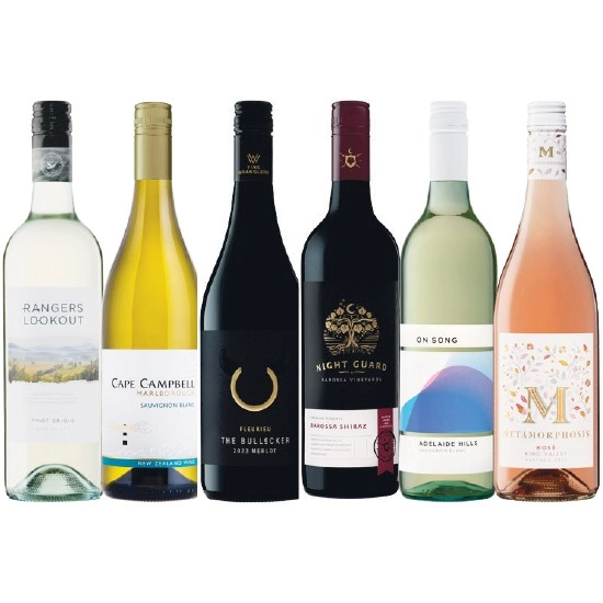 Rangers Lookout KV Pinot Grigio, Cape Campbell Marlborough Sauvignon Blanc, The Bullocker Fleurieu Peninsula Merlot, Night Guard Barossa Shiraz, On Song Sauvignon Blanc OR Metamorphosis KV Rose 750ml