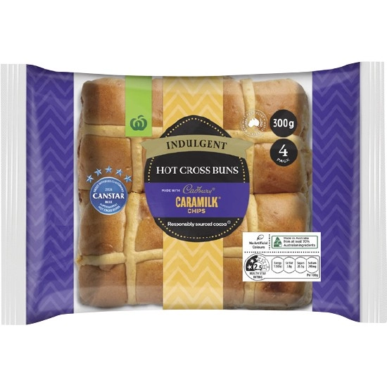 Woolworths Indulgent Hot Cross Buns made with Cadbury® Caramilk® Chocolate Chips Pk 4^