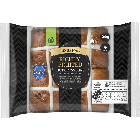 Woolworths Luxurious Richly Fruited Hot Cross Buns Pk 4