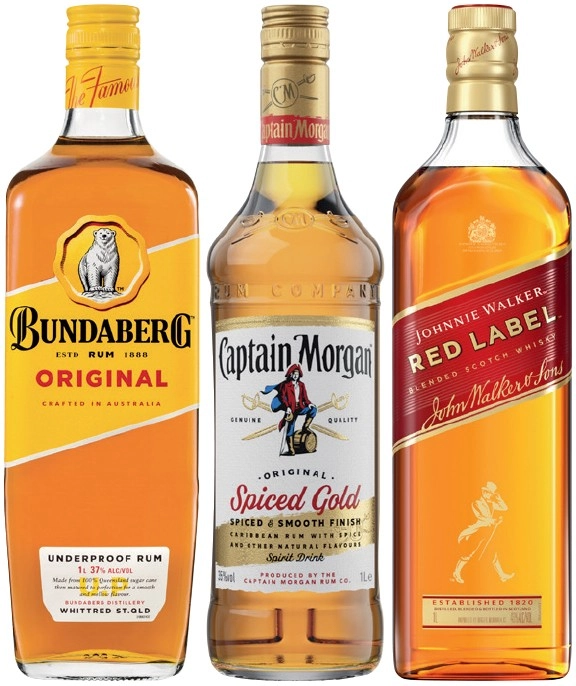 Bundaberg UP Rum, Captain Morgan Spiced Gold or Johnnie Walker Red Label Scotch 1 Litre