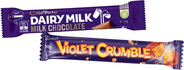 Cadbury Medium Bars 30‑50g, Rolls 40‑55g, Violet Crumble or Toblerone 50g Selected Varieties