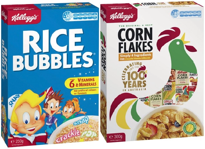 Kellogg’s Corn Flakes 380g or Rice Bubbles 250g