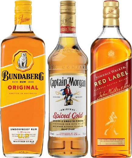 Bundaberg UP Rum, Captain Morgan Spiced Gold or Johnnie Walker Red Label Scotch 1 Litre