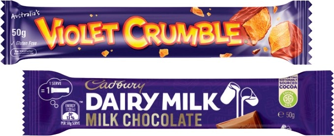 Cadbury Medium Bars 30‑50g, Roll 40‑55g, Fry’s Turkish Delight, Toblerone or Violet Crumble Bar 50g Selected Varieties