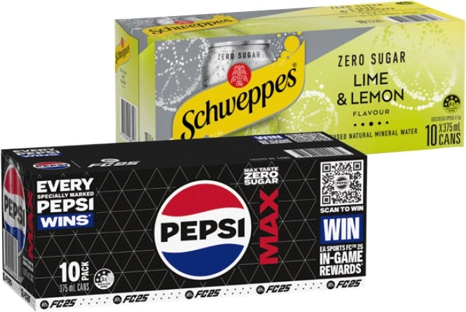 Pepsi, Solo or Schweppes Infused Natural Water 10x375mL Selected Varieties