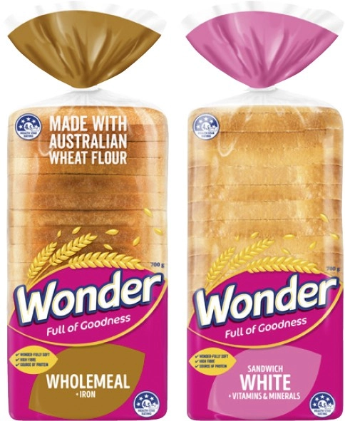 Wonder White or Wholemeal Bread 680-700g Selected Varieties